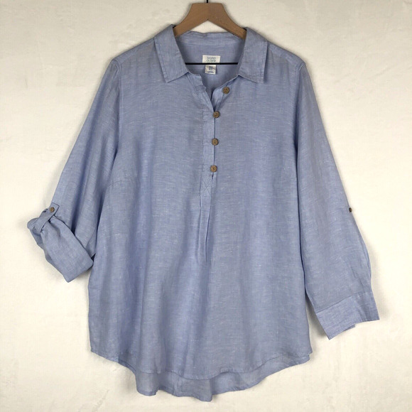 SIGRID OLSEN 100% Linen Tunic Top Sz 1X Blue Roll Tab 1/2‎ Button Loop Lagenlook - Picture 1 of 11